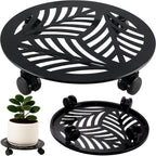 1 Packs Large Metal Plant Caddy with PU Wheels 13" Heavy-Duty Wrought Iron Rolling Plant Stands Indoor Outdoor Wheeled Plant Dolly Planter Mover Rollers Plant, Leaf Style