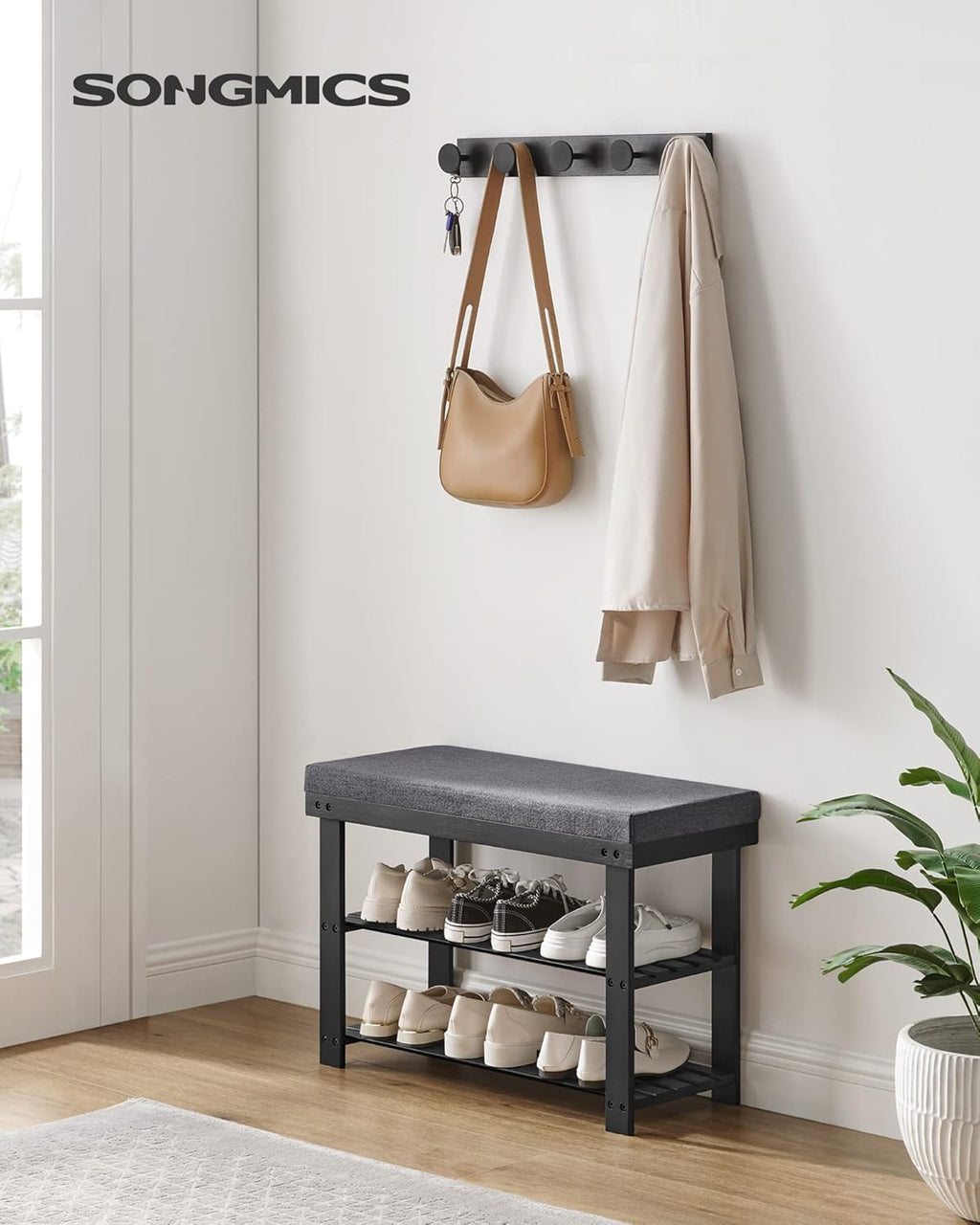 SONGMICS Bamboo Shoe Bench, 3-Tier Shoe Rack Organizer for Entryway, Living Room, Bench Seat Holds Up to 300 lb, 11.9 x 28.3 x 19.2 Inches, Ink Black and Slate Gray ULBS604B01
