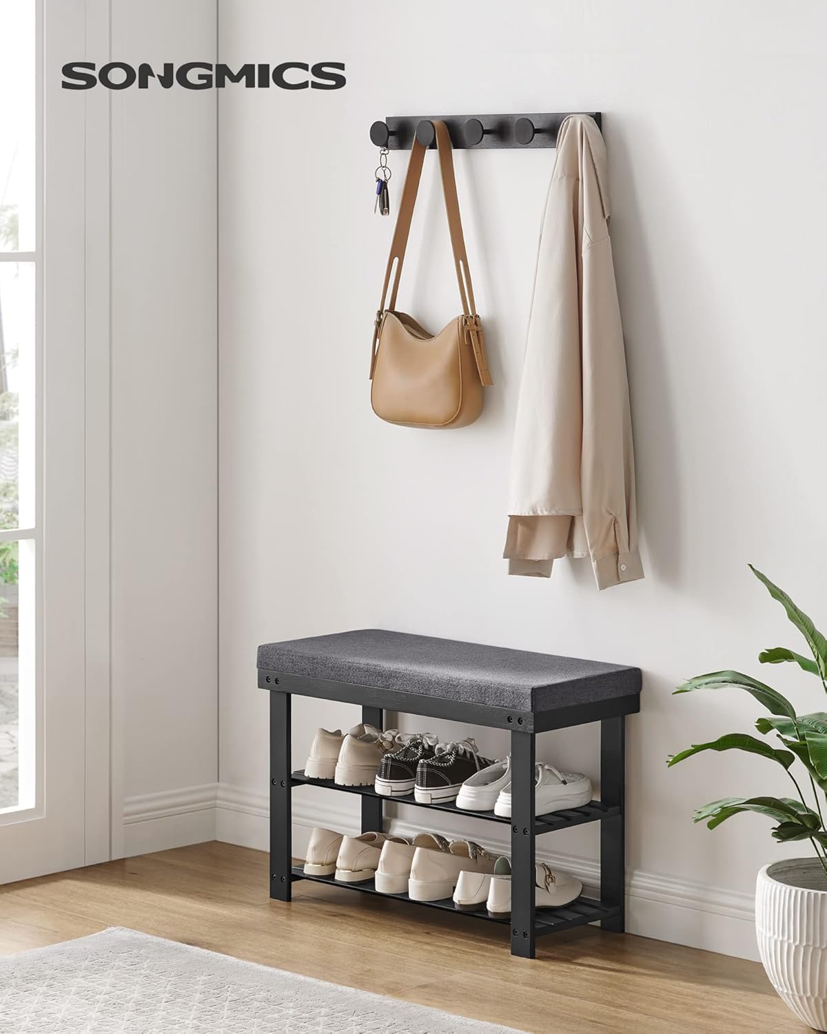 SONGMICS Bamboo Shoe Bench, 3-Tier Shoe Rack Organizer for Entryway, Living Room, Bench Seat Holds Up to 300 lb, 11.9 x 28.3 x 19.2 Inches, Ink Black and Slate Gray ULBS604B01