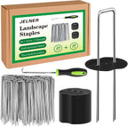 Garden Stakes,6 Inch 11 Gauge 20pcs Galvanized Landscape Staples + 20pcs Gaskets + 1Pick Hook, Tent Stakes Landscaping Fabric SOD Pins for Weed Fabric Barrier,Groud Cover,Fence