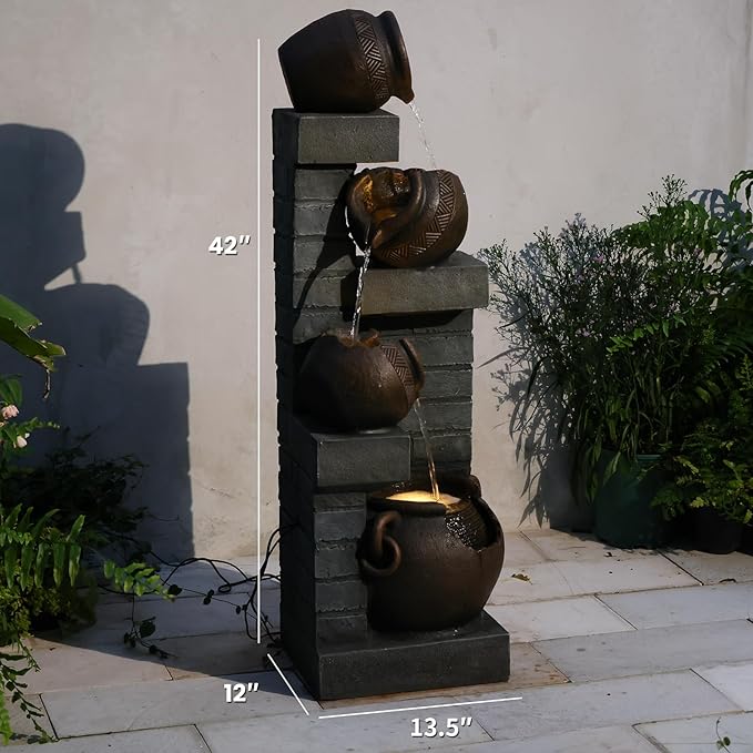 Water Fountain Outdoor 4-Tiers Cascading Realistic Bowls Waterfall Clay Pot Design Outdoor Fountain Resin Imitation Wood with LED Lights for Garden, Patio, Porch 42" H