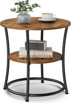 VASAGLE 21.7-Inch Round Side Table, 2-Tier End Table, Nightstand with Steel Frame, Spacious Top, for Small Spaces, Living Room, Bedroom, Rustic Brown and Ink Black ULET56BX