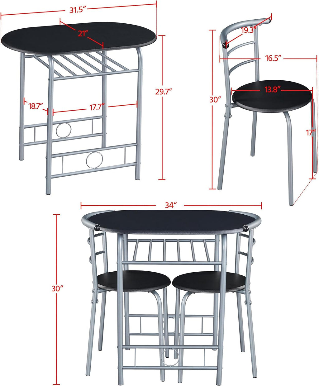 Yaheetech 3-Piece Dining Room Table Set, Kitchen Table & Chair Sets for 2, Compact Table Set w/Steel Legs, Built-in Wine Rack for Breakfast Nook, Small Space, Apartment, Black, 31.5x21x29" (LxWxH)