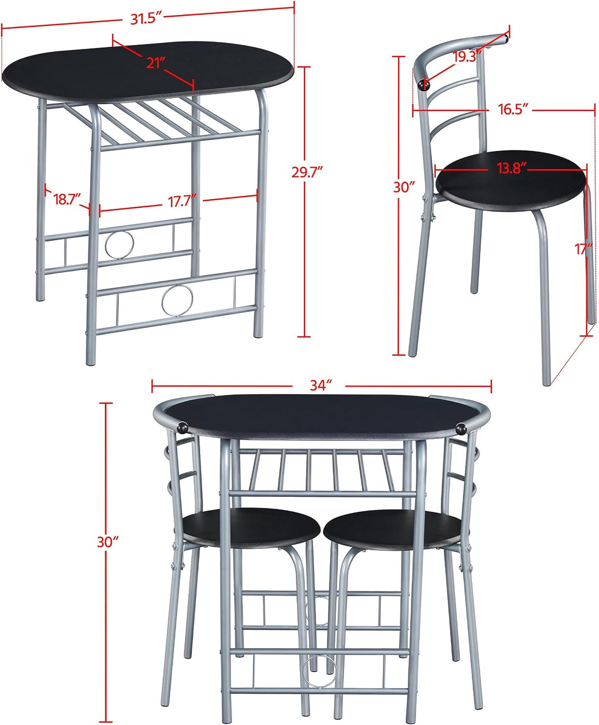 Yaheetech 3-Piece Dining Room Table Set, Kitchen Table & Chair Sets for 2, Compact Table Set w/Steel Legs, Built-in Wine Rack for Breakfast Nook, Small Space, Apartment, Black, 31.5x21x29" (LxWxH)