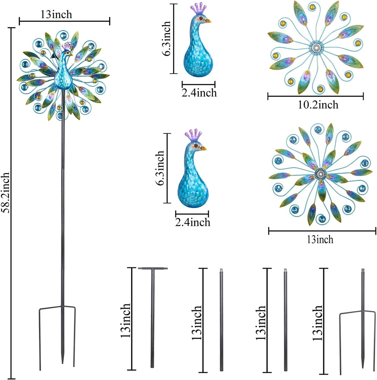 Stargarden 58 Inch Peacock Wind Spinner-Double Wind Sculpture Metal Windmill for Garden Patio Yard Decor