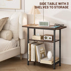 SLEEPING LAMB Side Table for Living Room, 3-Tier End Table for Small Space with Wide Storage Tabletop, Rustic Brown Narrow Nightstand for Bedroom, Sofa Couch
