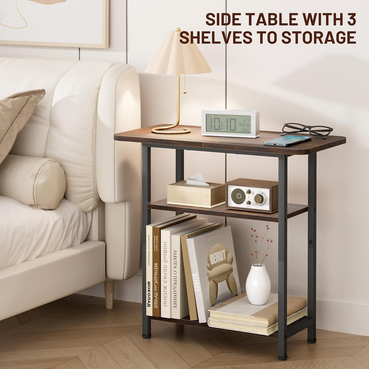 SLEEPING LAMB Side Table for Living Room, 3-Tier End Table for Small Space with Wide Storage Tabletop, Rustic Brown Narrow Nightstand for Bedroom, Sofa Couch