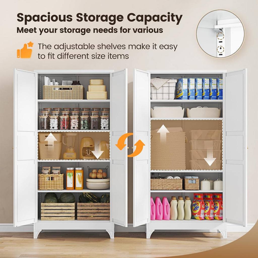 Yizosh Metal Pantry Cabinet, 75" Kitchen Pantry with 2 Door and 4 Adjustable Shelves,White Metal Pantry Storage Cabinet,Cupboard for Kitchen,Dining Room,Living Room and Bathroom