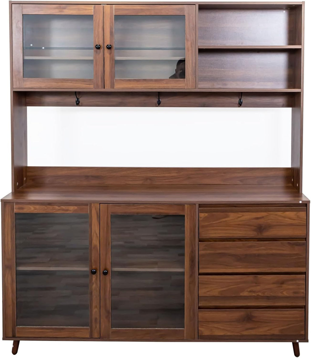 Dancongtea 63" Wide Large Kitchen Hutch Cabinet – Freestanding Pantry Storage with 4 Doors, 4 Drawers & Microwave Shelf – Walnut Finish for Kitchen, Dining Room, Pantry Organization