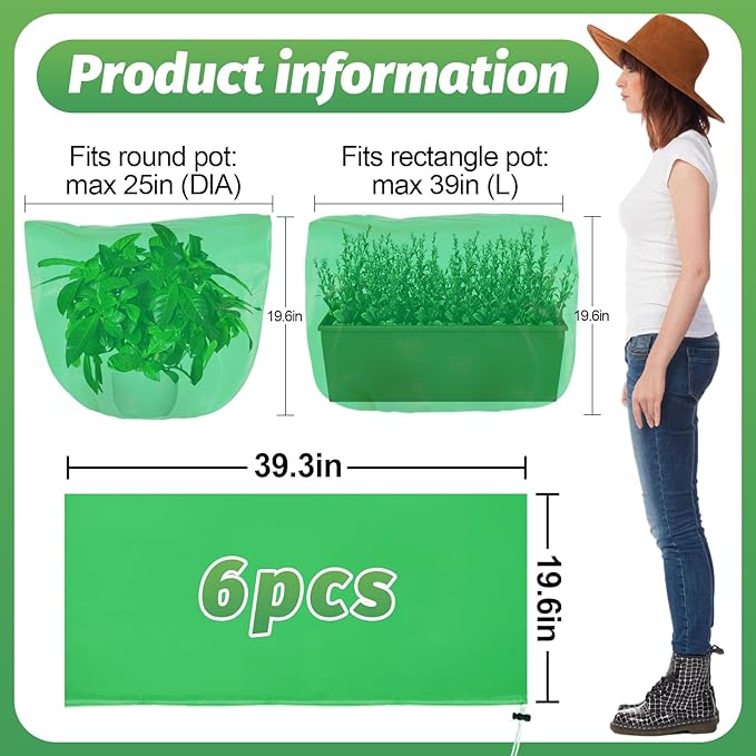 ANPHSIN 6 pcs Plant Covers Freeze Protection - 19.6in x 39.3in Winter Shrub Plant Protection Bags, Frost Blankets Cloths with Drawstring for Outdoor Garden Rose Bush Plants, Green