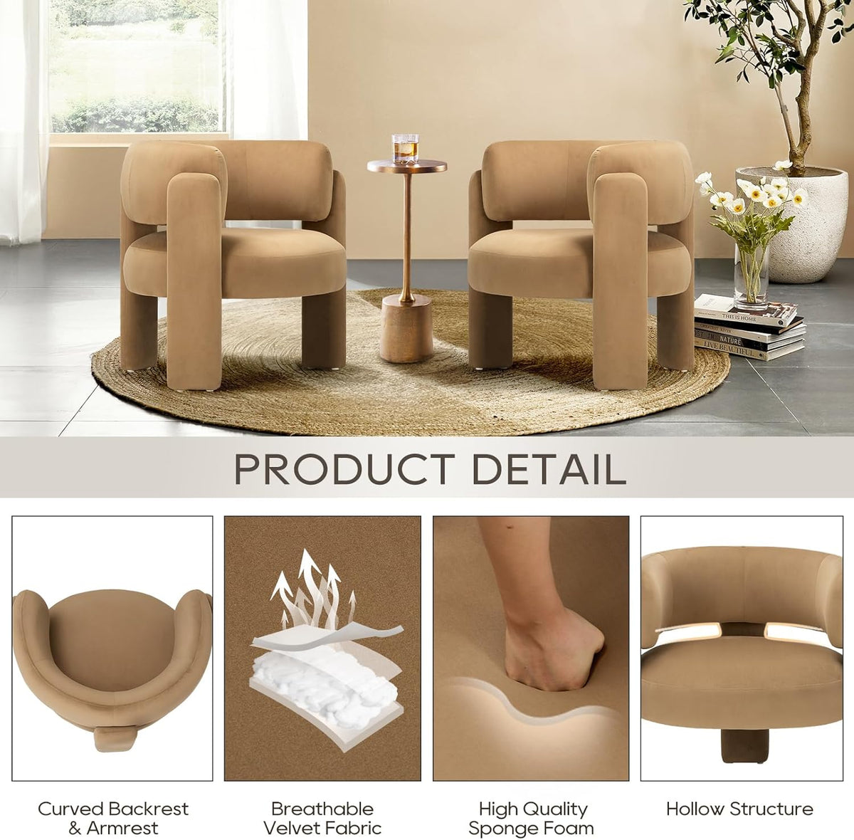 COLAMY Modern Velvet Accent Chairs Set of 2, Upholstered Barrel Chairs, Comfy Side Arm Chairs with 3 Legs for Living Room, Bedroom, Reading, Khaki