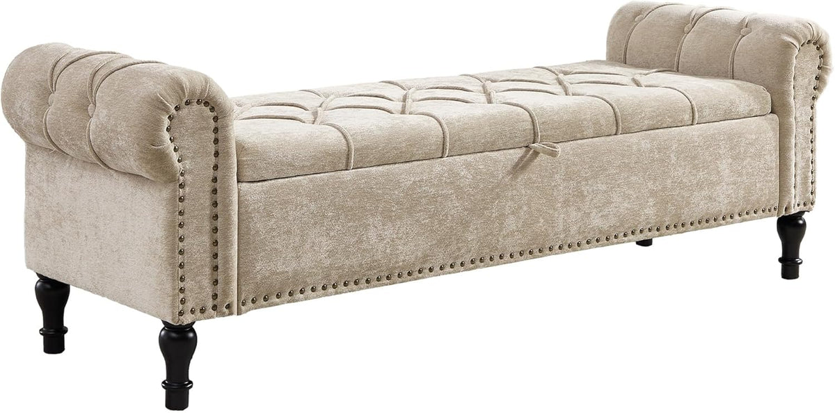 Storage Bed Bench for Bedroom, Chenille 67" End of Bed King Size Benches with Armrest, Tufted Button Upholstered Ottoman Bench for Living Room, Entryway, Khaki