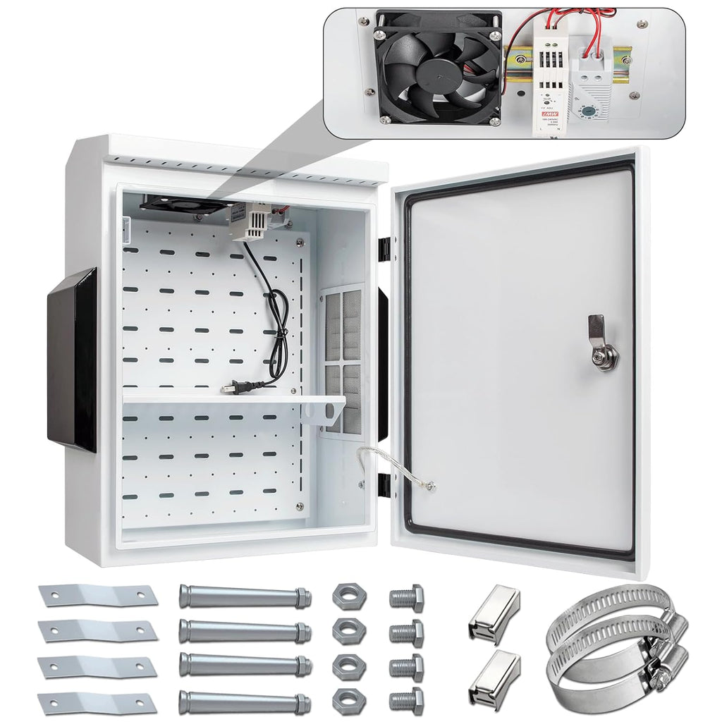 Outdoor Electrical Box with Thermostat and Fan, Cold-Rolled Steel Plate, Aluminum Alloy Back Beam, One-Piece Ventilation Design, IP65 Waterproof, Wall/Pole Mounted. (19.6" x 15.7" x 7.9")