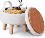Wimarsbon Storage Ottoman, Modern Round Footrest with Soft Padded Seat, Teddy Velvet Footstool with Wood Legs, Accent Small Table or Plant Stand for Hallway, Living Room (Cream)