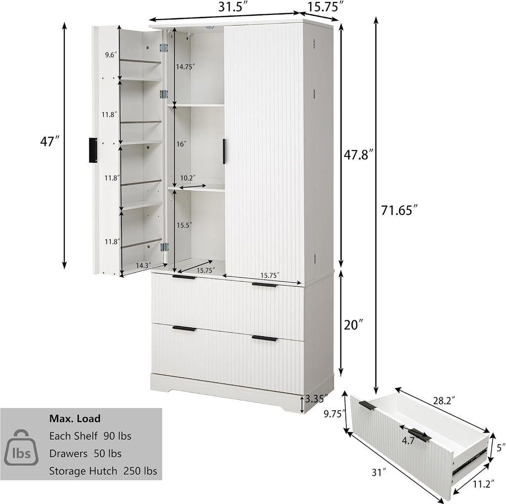72'' Tall Farmhouse Pantry Cabinet with 2 Drawers and 2 Doors – Grooved MDF Freestanding Storage Cabinet for Kitchen, Bathroom, Entryway, or Dining Room (White)