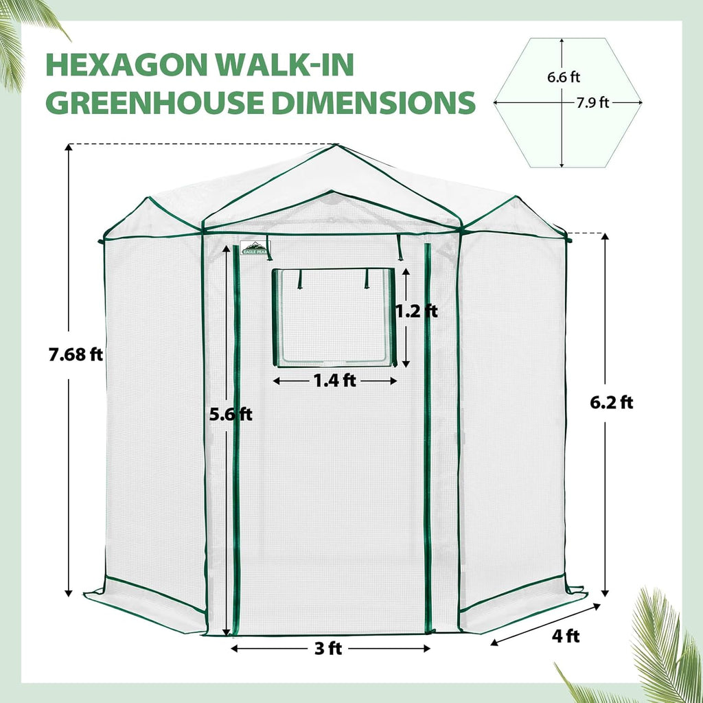 EAGLE PEAK 6.6x6.6 ft Hexagon Pop up Greenhouse, Portable Walk-in Grow Tent for Seed Starting, Garden Plants, Indoor Outdoor Green House, All-Weather Plant Shelter, PE Cover, White/Clear
