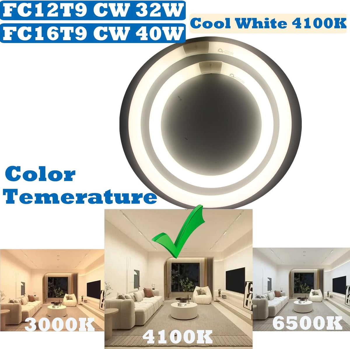 FC16T9/CW 40W & FC12T9/CW 32W Cool White Set, 16 inch T9 40 Watts & 12 inch 32 Watts Round Fluorescent Light Bulb, Circular Bulb Kitchen and Bath, 841 4100K, G10q 4 pin Prong