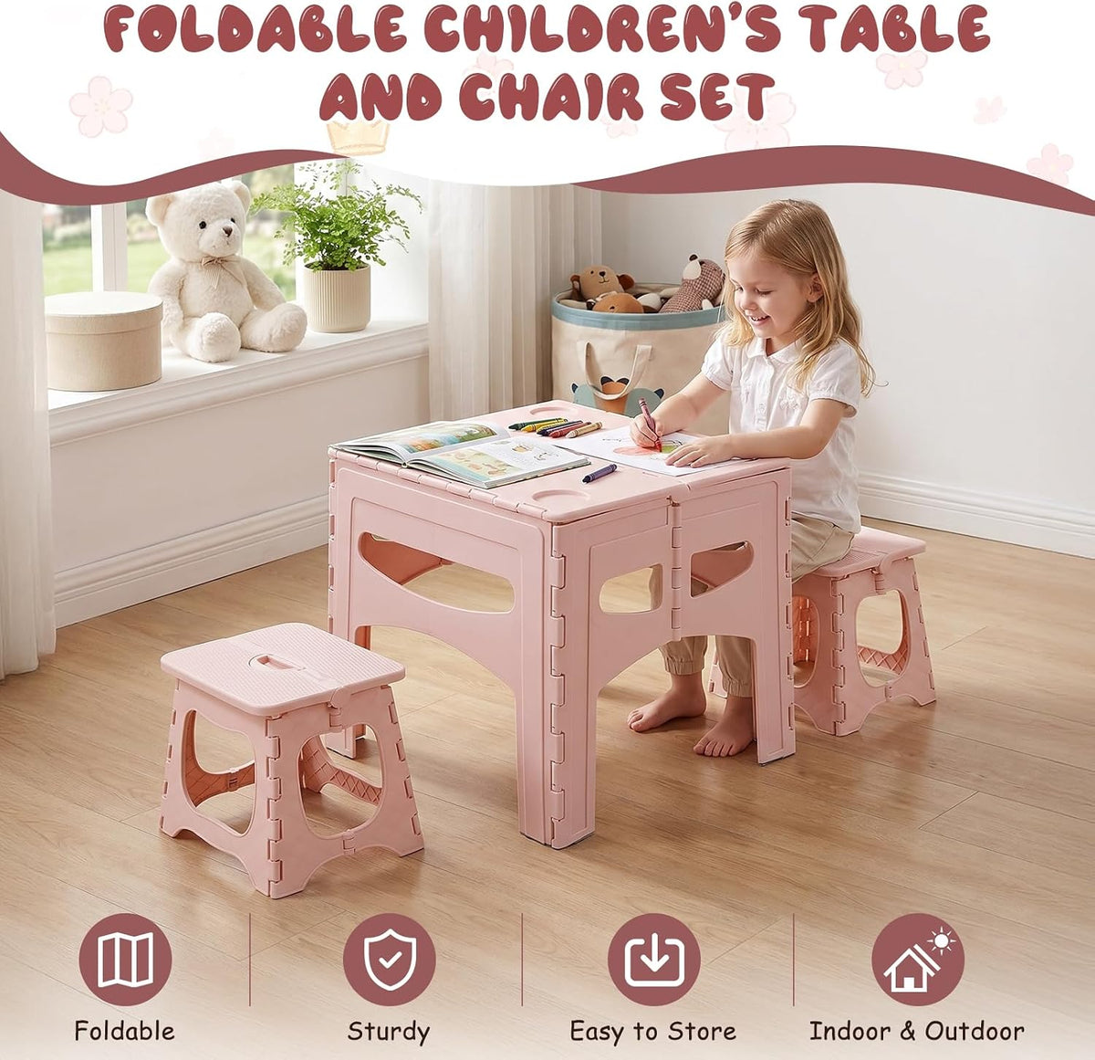 Kids Foldable Table & Chairs Set, Portable Toddler Activity Picnic Kit, 1 Table 2 Chairs Lightweight Plastic Play Furniture Indoor Outdoor Camping Backyard