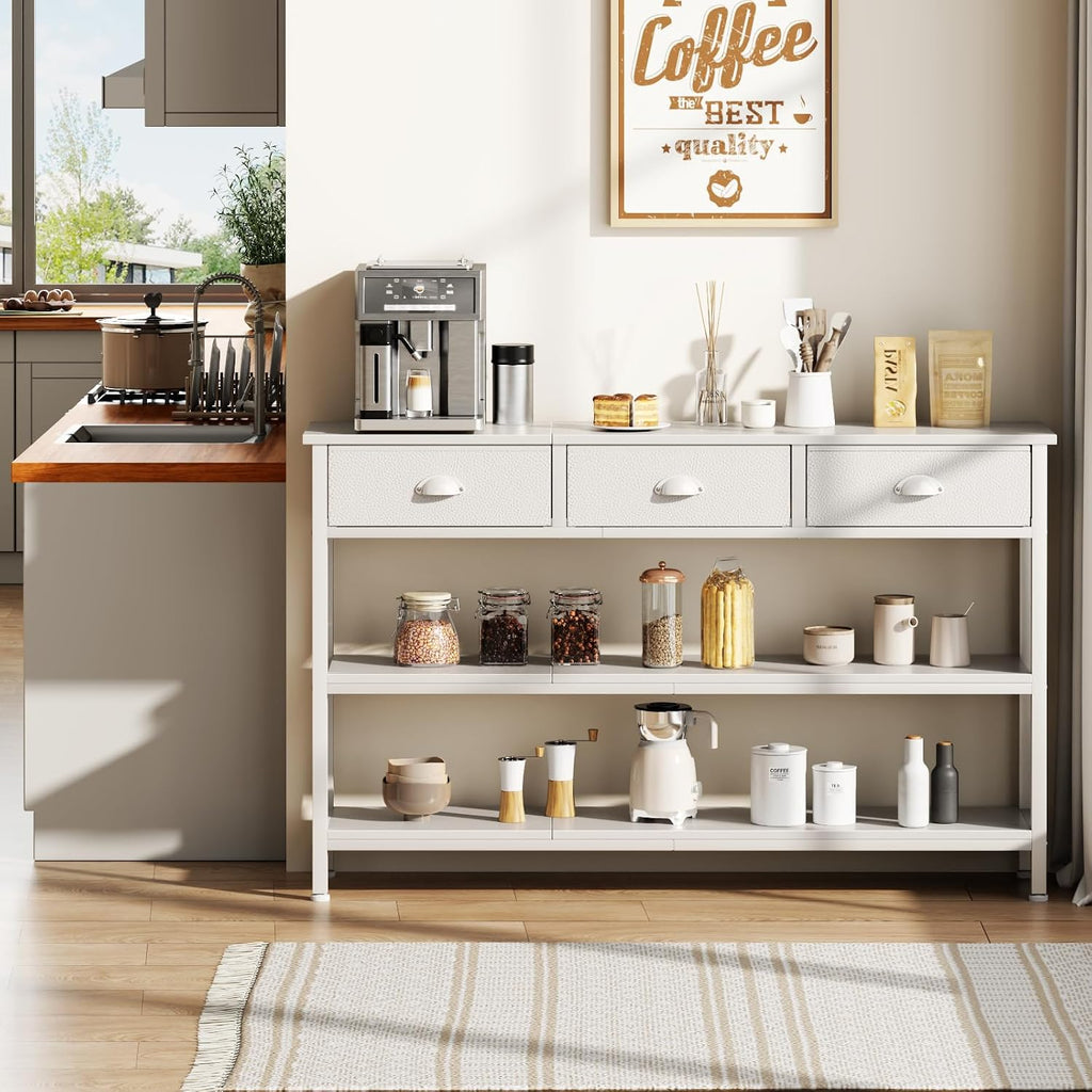 Furologee White Long 47" Console Sofa Table with 3 Drawers, Entryway Table with 3-Tier Storage Shelves, Display Shelf for Entry Way, Hallway, Couch, Living Room, Kitchen, Foyer | Industrial Hallway Table with Open Wooden Shelves for Hallway, Entry Way
