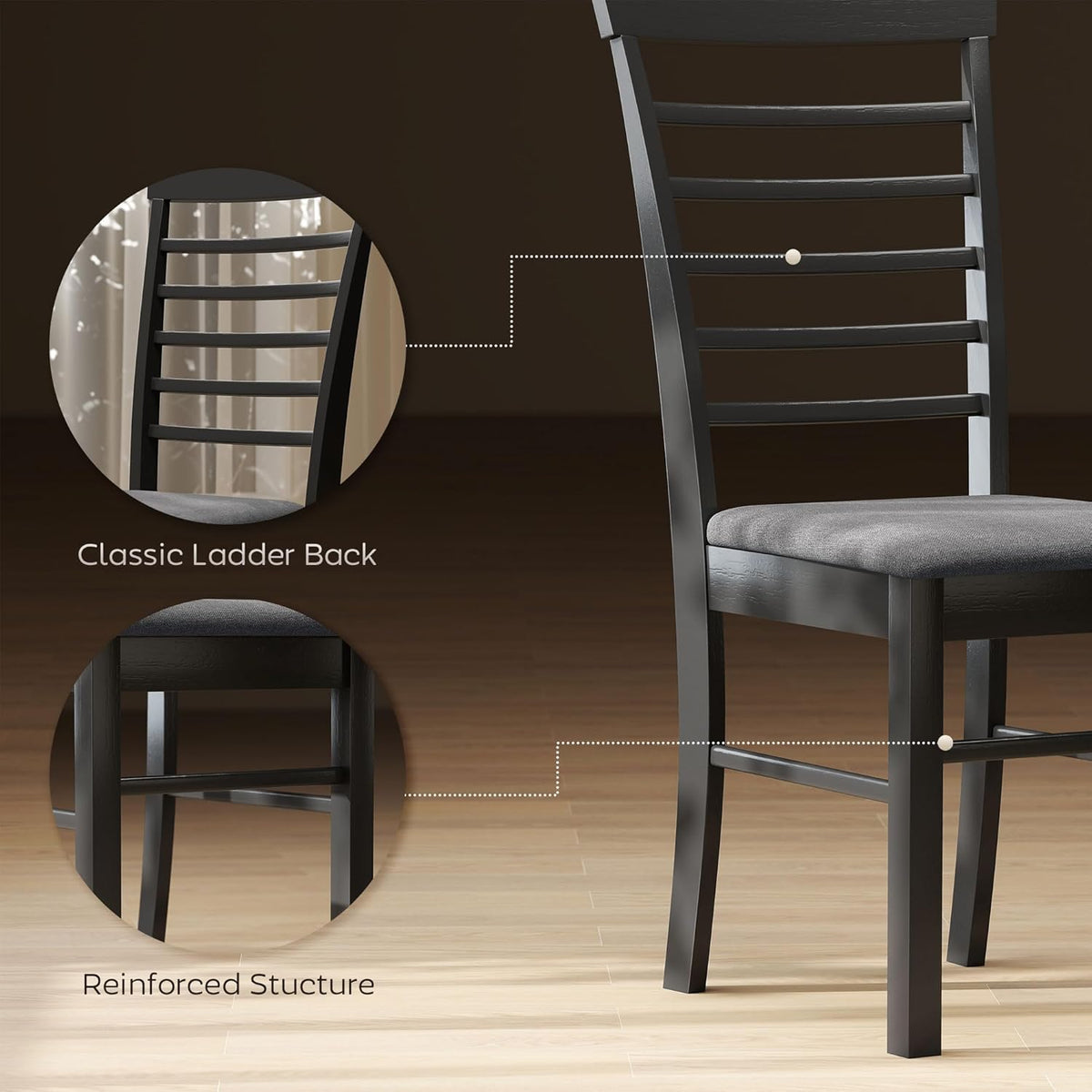 HOMCOM Wooden Dining Chairs Set of 2, Farmhouse Upholstered Kitchen Chairs with Rubber Wood Frame for Living Room, Dining Room, Black and Gray