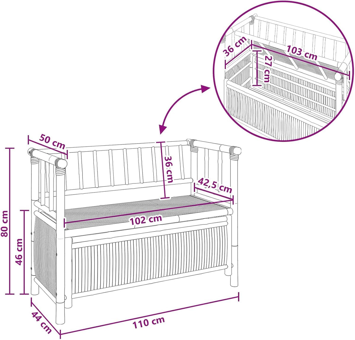 Garden Storage Bench 110 x 47 x 80 cm Bamboo Natural | Post Leg Design, Indoor Outdoor Use, Hidden Storage Under Seat, Easy Assembly Required