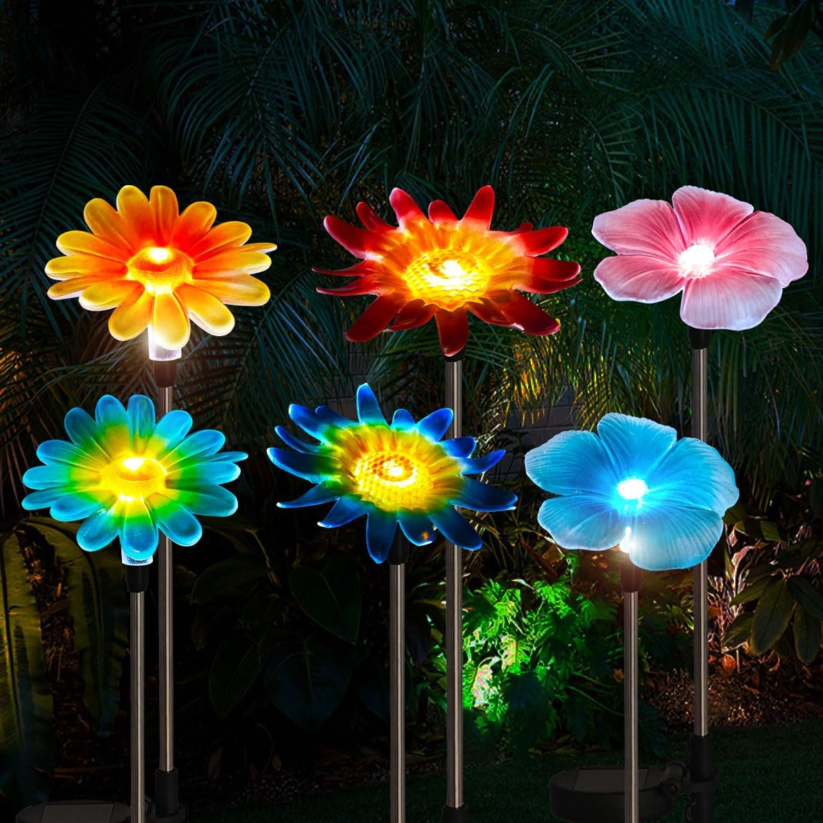 EiGreen 6 Pack Solar Garden Lights Outdoor Decor,Stake Yard Figurine Colorful Flower Light, Housewarming Ornament for Patio, Lawn, Yard, Pathway (Art Deco)
