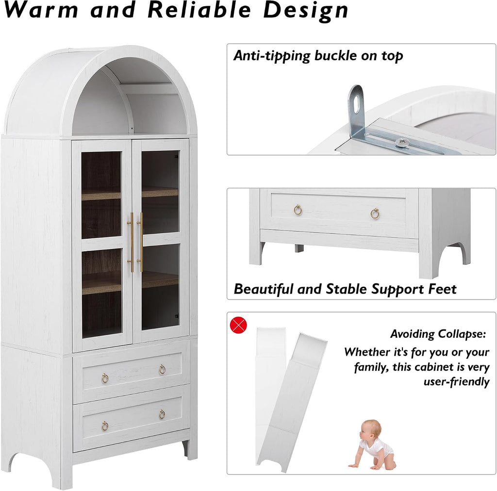 71" Tall Arched Kitchen Pantry Cabinet, Modern Farmhouse Freestanding Food Storage Cabinet with 2 Large Drawers & Adjustable Shelves, Glass Door Wood Cupboard for Kitchen & Dining Room,White