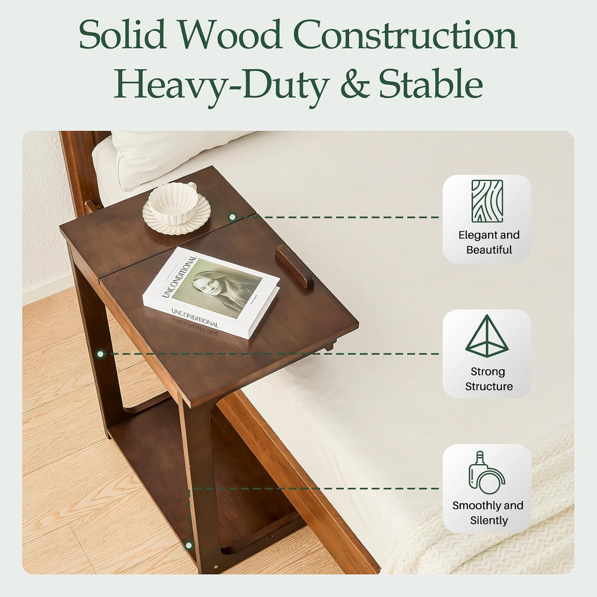Wood Side Table for Couch - C Shaped Rolling End Table with Wheels Drawer, Wooden Modern Tv Tray Bedside Tables for Sofa Armchair Living Room Bedroom, Black Walnut, 15.4 in x 23.6 in x 24.8 in
