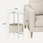 Vagusicc Round Side Table End Table with Storage Basket, Small Side Table Round Nightstand for Small Spaces, Tall Oval End Table with Steel Frame, Coffee Bedside Table for Living Room Bedroom, White