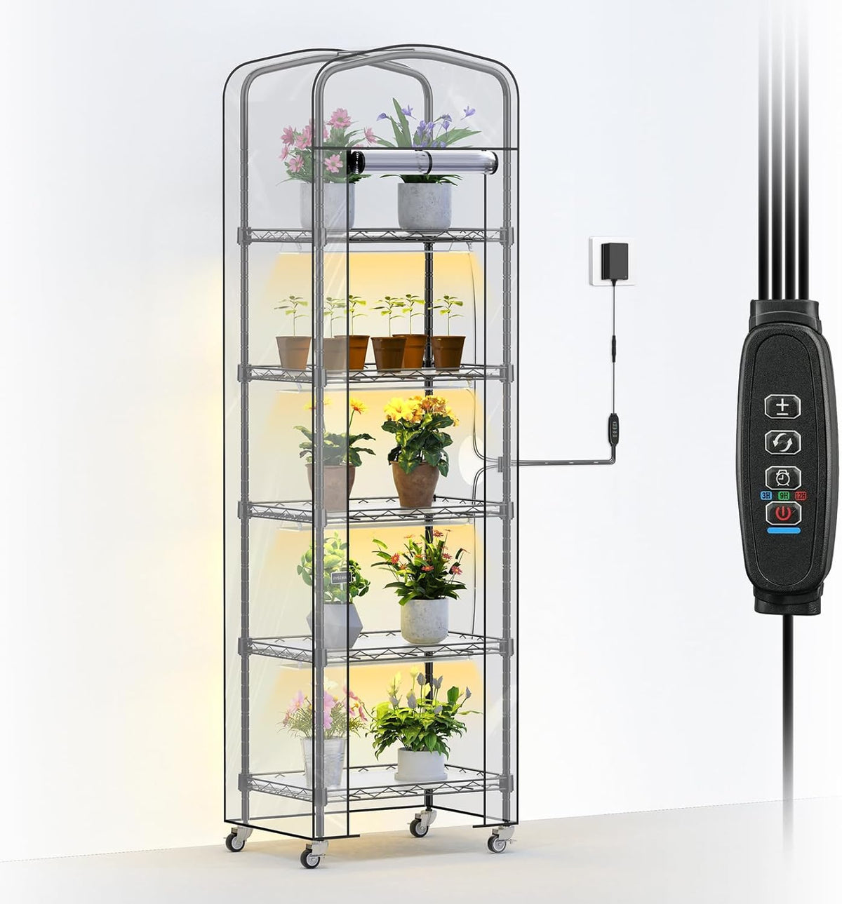 Abimars 5-Tier Mini Greenhouse with Grow Light, Shelf Height Adjustable Metal Plant Shelf with PVC Cover and Wheels, Includes 4-Pack Full Spectrum Plant Lights, 11x16x57inch