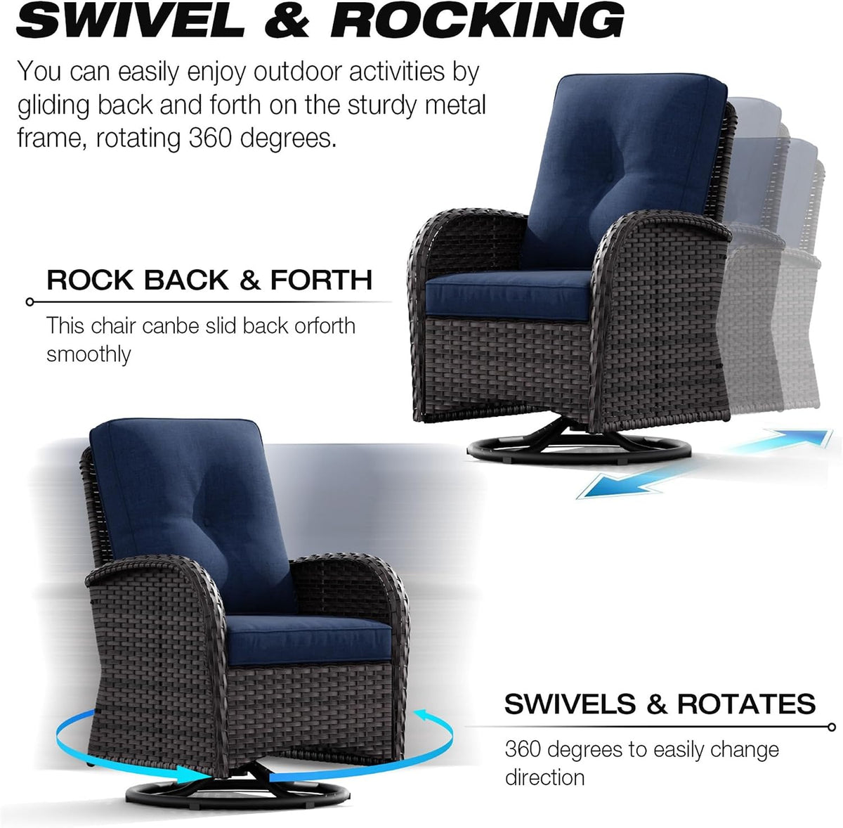 Joyside Patio Swivel Rocker Wicker Chairs - Outdoor Swivel Rocking Chairs Set of 2 with Wicker Side Table, Patio Swivel Rocker Chair 3 Piece Patio Furniture Sets for Porch Deck(Brown/Blue)