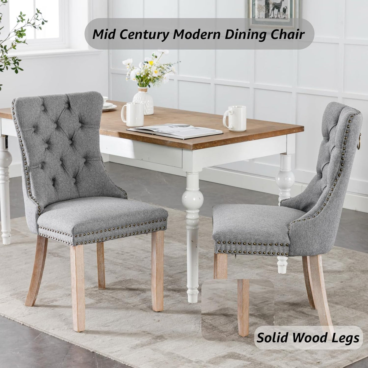 Grey Mid Century Modern Dining Chairs Set of 4, Linen Upholstered Kitchen & Dining Room Chairs with Nailhead Trim & Solid Wood Legs, Elegant Sillas De Comedor (Grey, 4 Pcs)