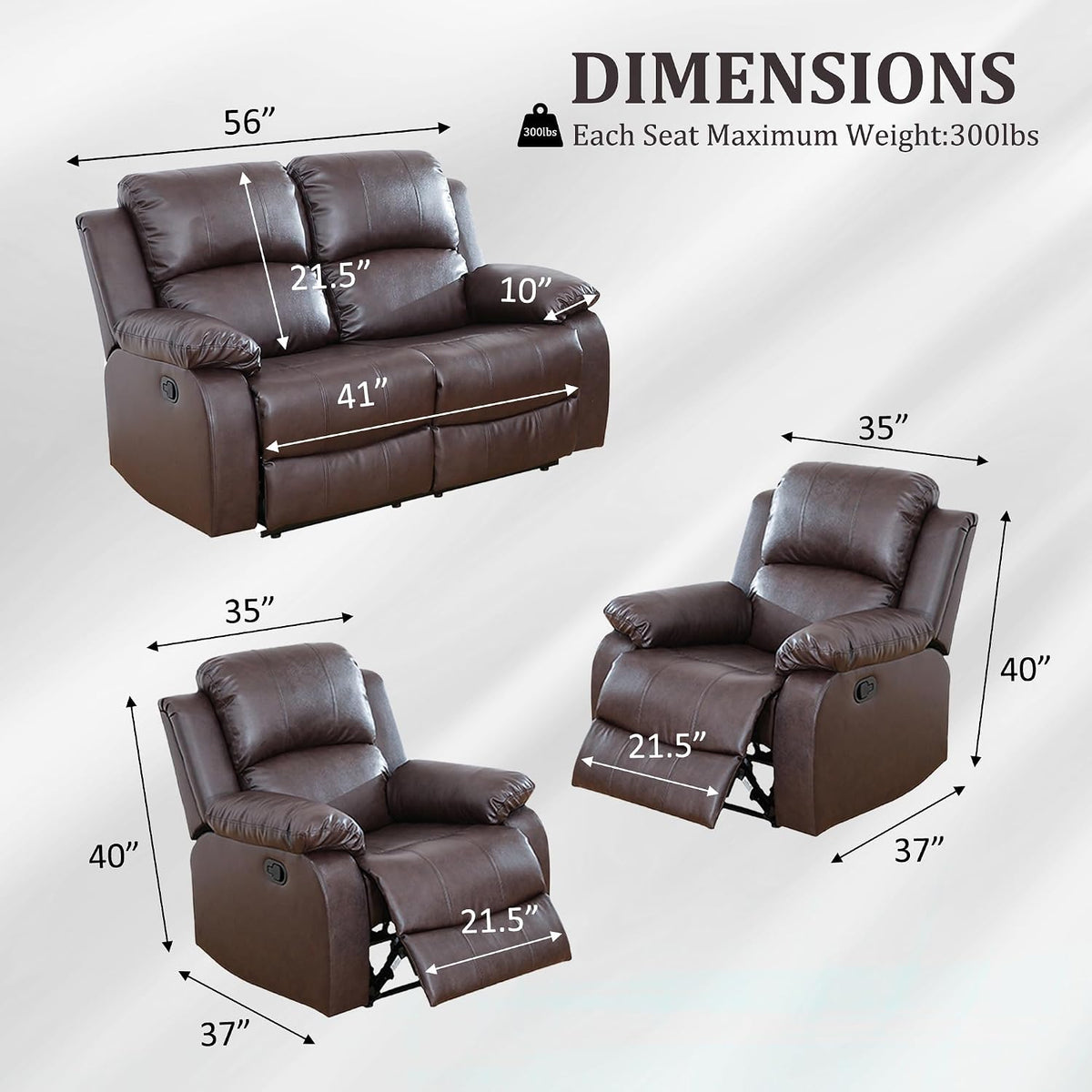 Faux Leather Manual Recliner Sofa Set, 3 Piece Living Room Furniture Set, Loveseat Reclining Couch and 2 Recliner Chairs for RV Home Theater (Brwon)
