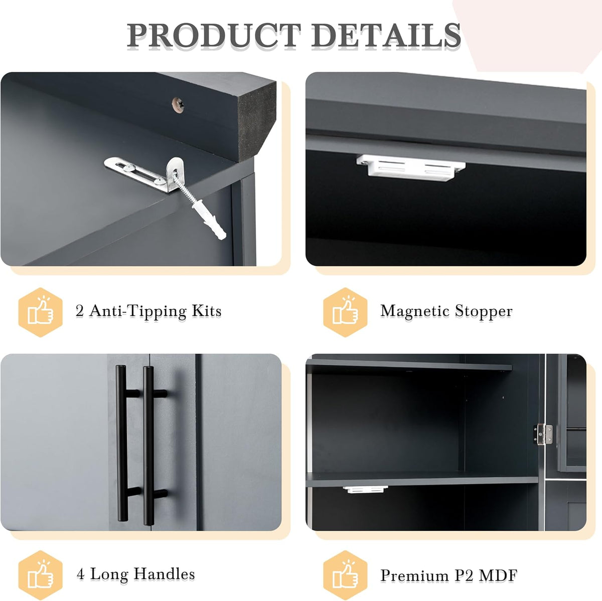 71" Tall Kitchen Pantry Cabinet with 4 Doors, 8 Pull-out Trays (Gray) | Adjustable Shelves, Freestanding Storage Cabinet for Kitchen Dining Room Living Room, Anti-Tip Design