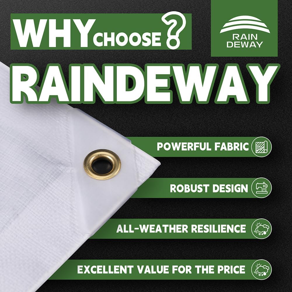 12 Mil Heavy Duty White Tarps 8' X 20', Extra Thick,Durable,Waterproof, UV Resistant, Weatherproof Poly Tarp,with Metal Grommets and Reinforced Edge (Finished Size)-by Raindeway