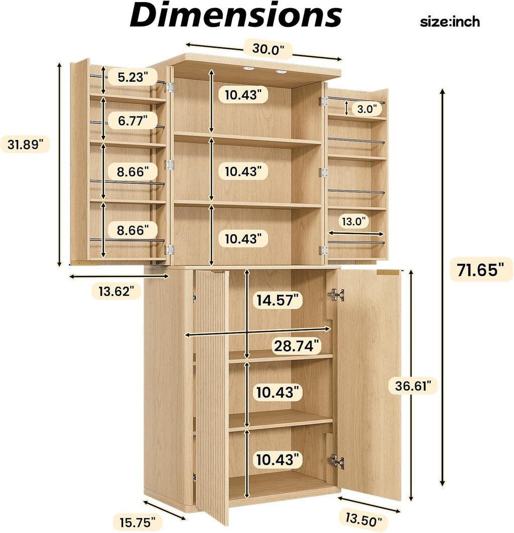 72" Tall Kitchen Pantry Modern Fluted Wood Storage Cabinet with Doors,6 Door Shelves, Organizer, Versatile Cupboard for Kitchen, Dining, Oak,30''W x 15.75''D x 72''H.