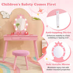 HONEY JOY Kids Vanity with Lights, Princess Wooden Makeup Table & Stool with Drawer, 3-Color LED Lights, Toddler Dressing Vanity for Little Girls, Pretend Play Kids Vanity Table and Chair Set (Pink)