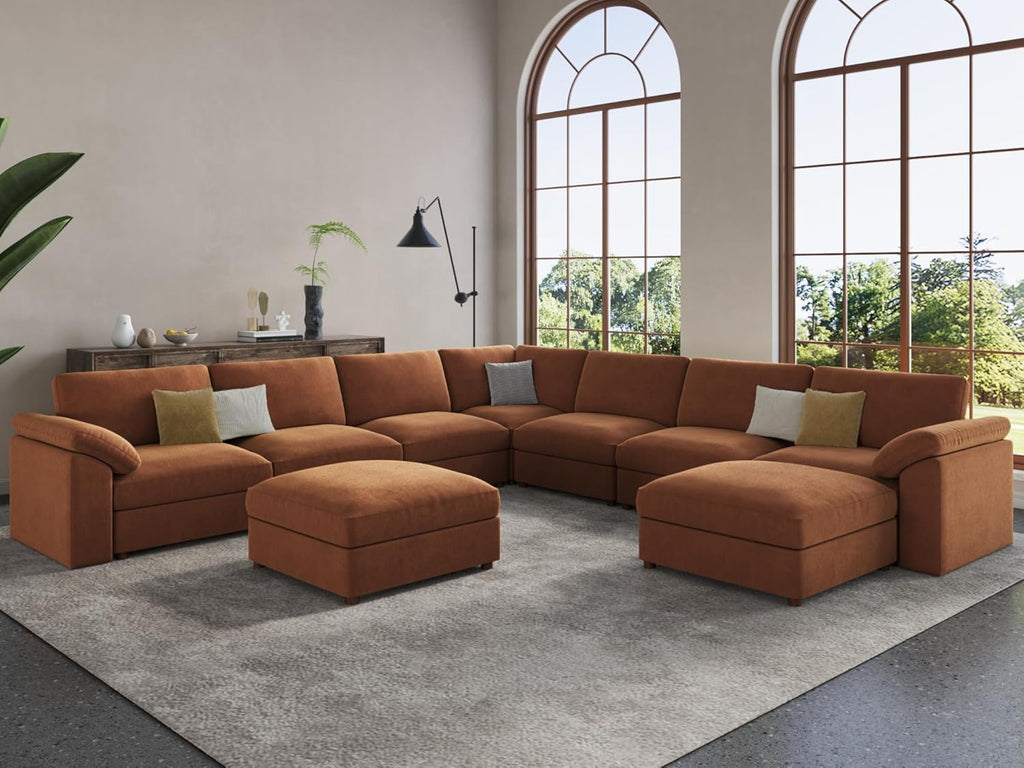 EASE MOOSE Oversized Modular Sectional Sofa with Ottoman, Modern Luxury Wide Deep Modular Couch, U Shaped Couch for Big Spaces Living Room, Brown