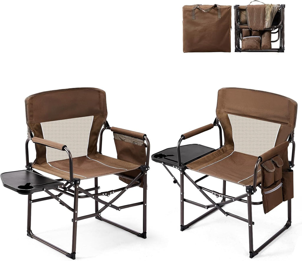 VINGLI Camping Chairs, Directors Chair, Camping Chair with Side Table & Carry Bag，Heavy Duty Camping Chairs for Adults,Portable Folding Camping Chair 2 Pack, for Beach, Fishing,Trip,Picnic,Lawn-Brown