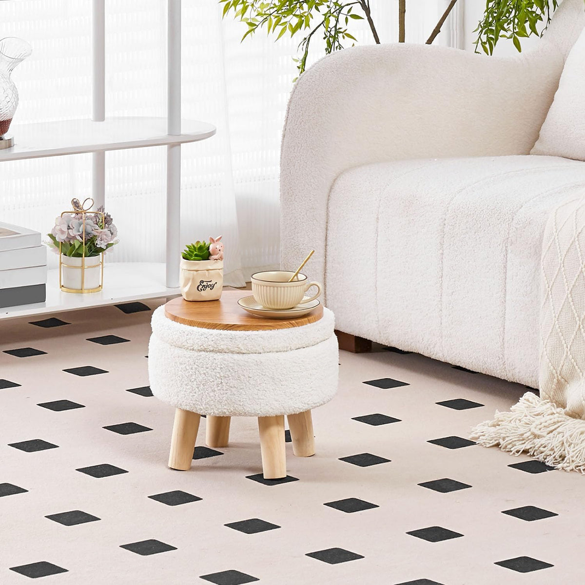 Wimarsbon Storage Ottoman, Modern Round Footrest with Soft Padded Seat, Teddy Velvet Footstool with Wood Legs, Accent Small Table or Plant Stand for Hallway, Living Room (Cream)