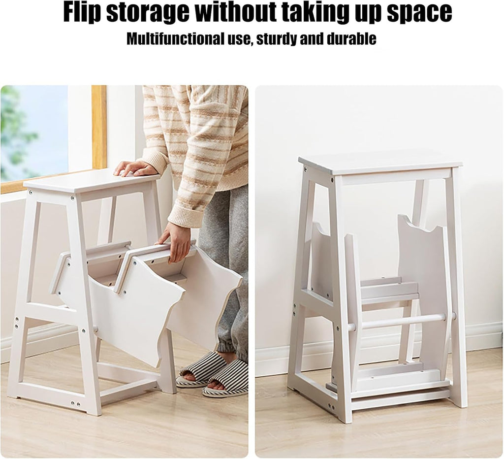 Folding Library Ladder Chair, 3-Step Stool Stepladders Lightweight Portable Multi-Functional Wood Step Ladder for Home,Kitchens, Garages (White)