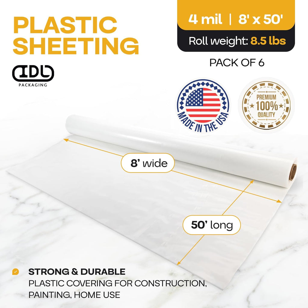 Plastic Sheeting 4 mil, 8' x 50' (400 sq.ft.), Pack of 6 - Thick Semi-Clear Plastic Sheeting for Construction, Painting, Drop Cloth, Slide&Slip - Heavy Duty LDPE Film Roll by IDL Packaging