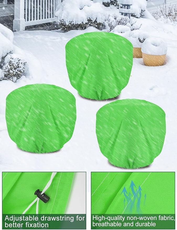 ANPHSIN 3 pcs 39.3in x 39.3in Plant Covers Freeze Protection - Winter Shrub Plant Protection Bags, Frost Blankets Cloths with Drawstring for Outdoor Garden Potted Plants, Green