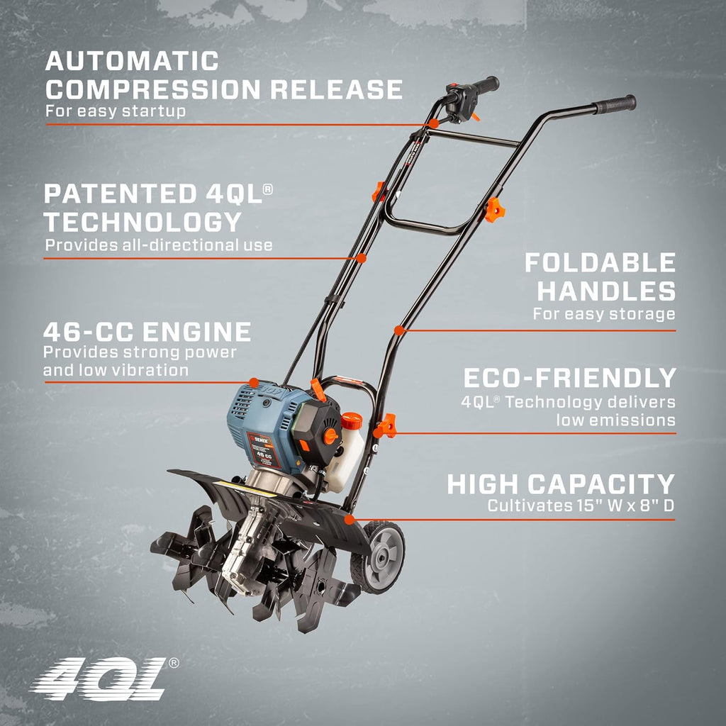 SENIX 4QL 4-Cycle Gas Powered Tiller Cultivator, 46cc Full Crank Engine, 15-Inch Tilling Width, 8-Inch Tilling Depth, Easy Start, Foldable Handles for Compact Storage (TL4QL-L1)