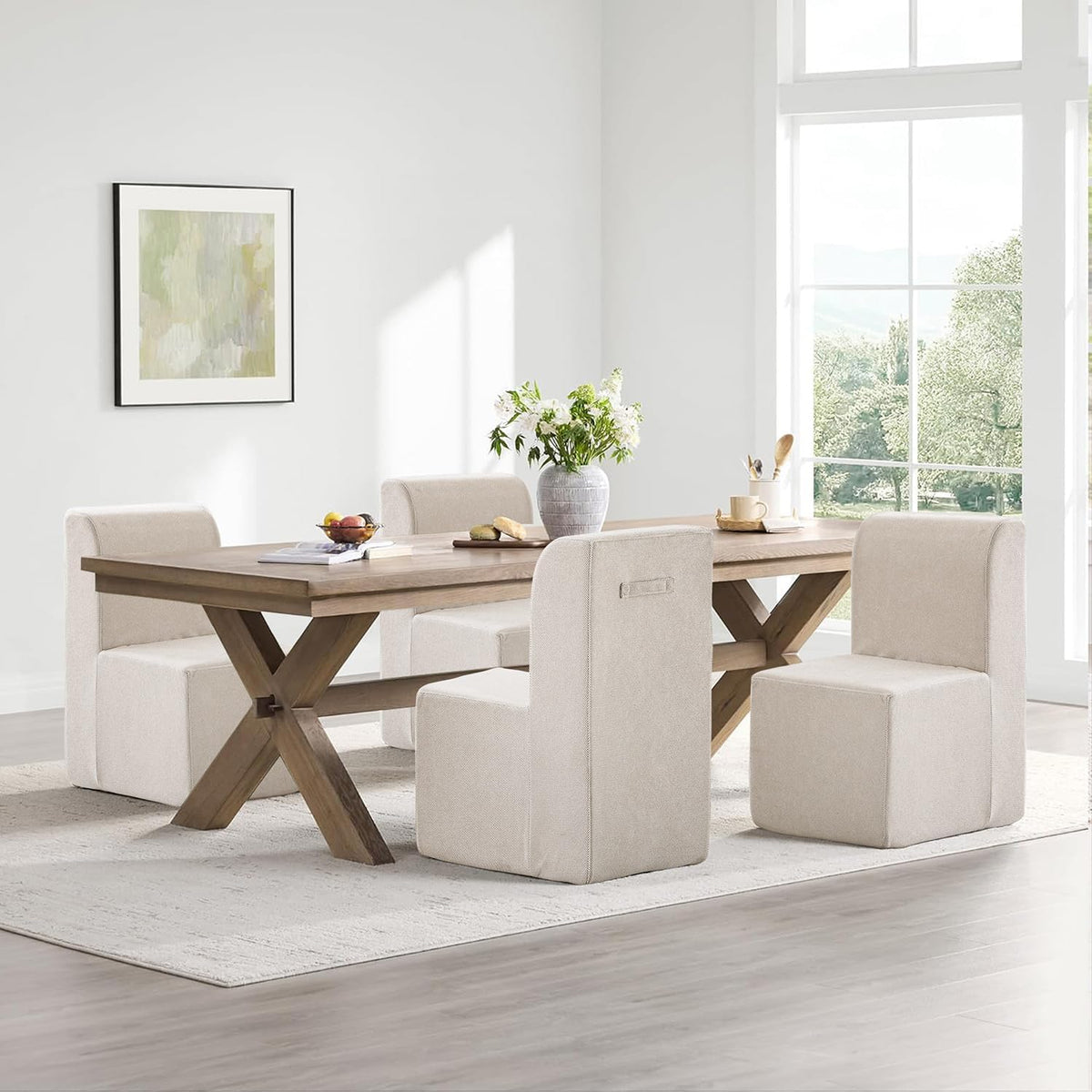 Upholstered Dining Chair, Modern Linen Fabric Dining Room Chair with Mid Backrest and Padded Seat Cushion, Accent Armless Kitchen Side Chair for Dining Room, Living Room, Reading Room, Bedroom