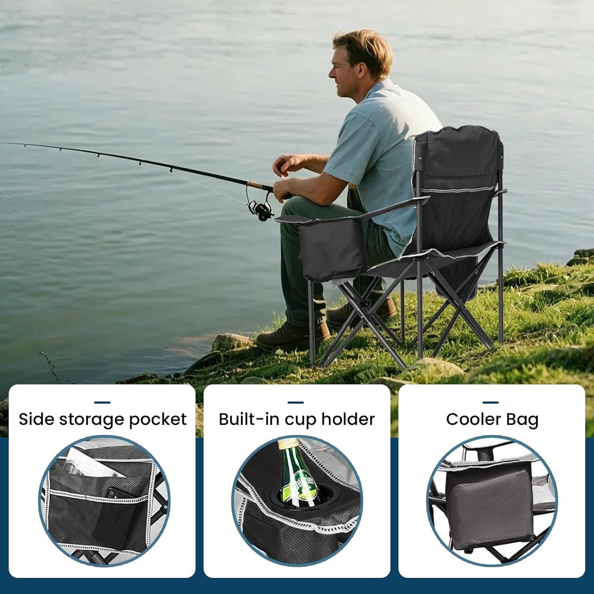 Oversized Camping Chair 500lbs Capacity for Big and Tall, 2 Pack Extra Wide Padded Folding Chair for Heavy People, Heavy Duty Portable Outside Chair with Cooler Bag & Cup Holder, Black