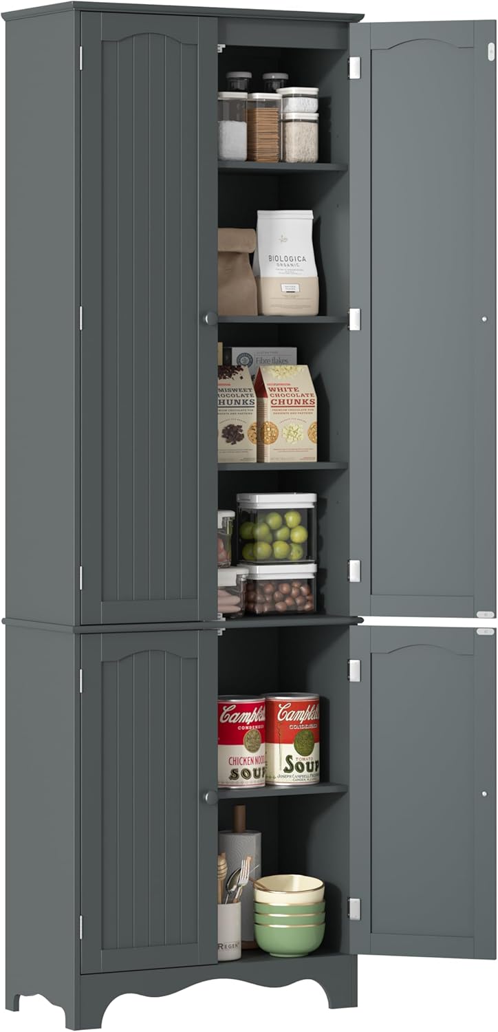 Yusong 72'' Tall Kitchen Pantry Cabinet, Freestanding Storage Cabinet with Doors and Shelves, Wooden Food Pantry Farmhouse Cupboard Buffet for Kitchen Dining Living Room, Gray