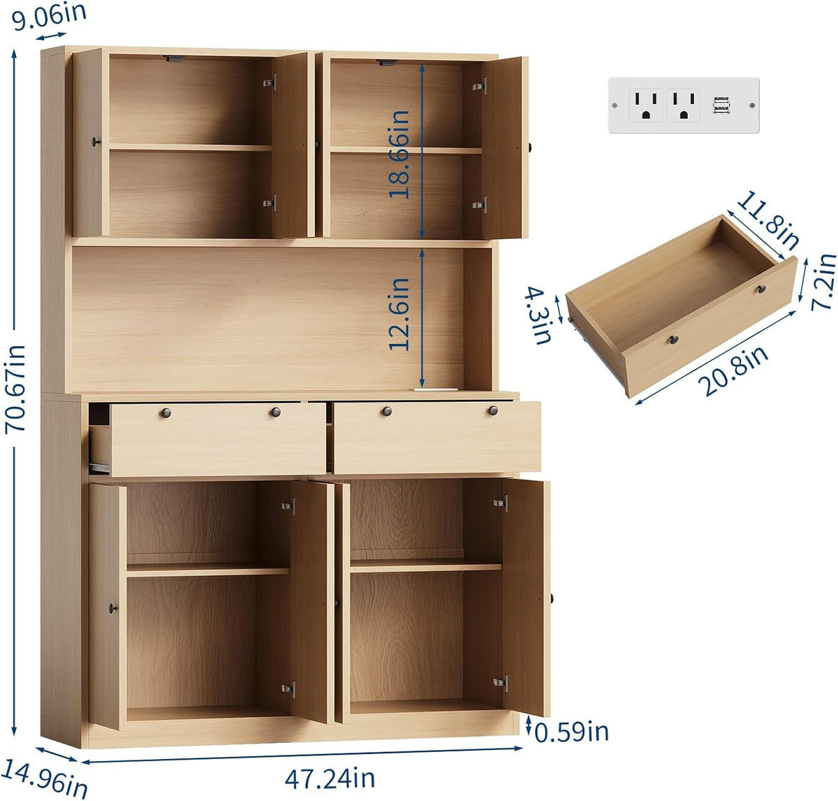 Patikuin Kitchen Pantry Storage Cabinet with Charging Station/Drawers/Doors/Shelves, 71'' Tall Food Storage Cabinet Furniture for Living Room, Dining Room