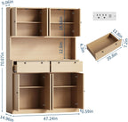 GarveeLife 71" Tall Kitchen Pantry Cabinet with Charging Station – 47" Wide Storage Hutch with Countertop, Microwave Stand, 2 Drawers, and Power Outlet for Dining Room, Living Room, Natural