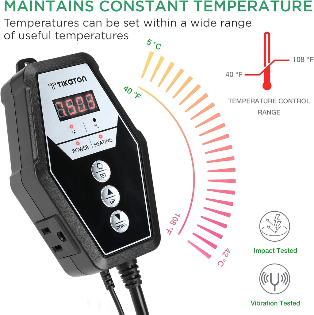 Tikaton Reptile Heating Pad and Digital Thermostat Combo Set, Under Tank Heater for 10-20gal/30-40gal Tank, Terrarium Heat Mat for Turtle/Snake/Lizard/Frog/Spider/Plant Box